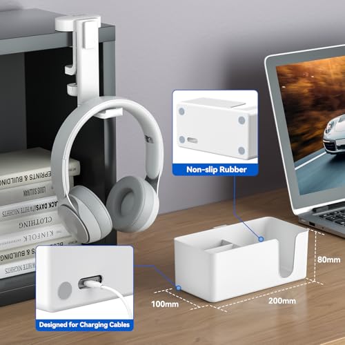 KDD 4-in-1 Desk Organizer - Under Desk Cup Holder and Headphone Hanger with 2 Wire Holes - Rotating Hanger and Detachable Storage for Cup, Phone and Pen (White) - color: White