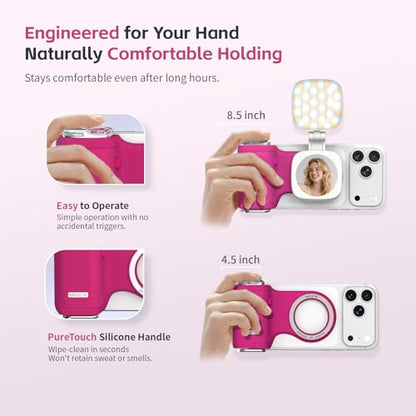 COMITOK iPhone Camera Grip MOCA with Magnet Fill Light & Mirror for 17 Pro iOS26 Native Camera, Fun Shot Magnetic Grip for Phone Compatible iOS17 and iOS18 with Anti-Drop Detachable Remote & Keychain - color: Fuchsia