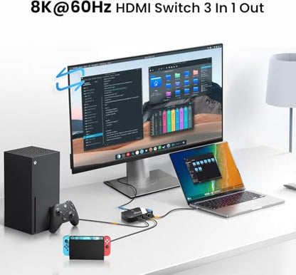 NEWCARE 8K HDMI 2.1 Switch 3 in 1 Out, HDMI Splitter 4K@120Hz Support 8K@60Hz HDCP2.3 HDR10+ VRR ALLM Dolby, HDMI Switcher Compatible with TV PS5/4 Xbox Laptops PC Projector