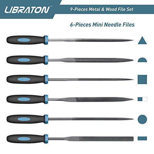 LIBRATON Metal Files 9PCs, File Set for Metal, Needle Files, Files Rasps | Flat, Round, Half-Round Files for Metalworking, Metal, Woodworking, Wood, Carpentry - style: Metal File-9PCS