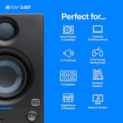 PreSonus Eris 3.5BT Studio Monitors, Pair — 3.5" Inch Powered Bookshelf Speakers, Stereo, Desktop Computer, Near Field Music Production, Audio Mixing Recording, Black | 3.5 Woven Woofer, 1 Silk-Dome Tweeter, 25W and Side, Trs, Rca and 3.5mm Inputs, High a