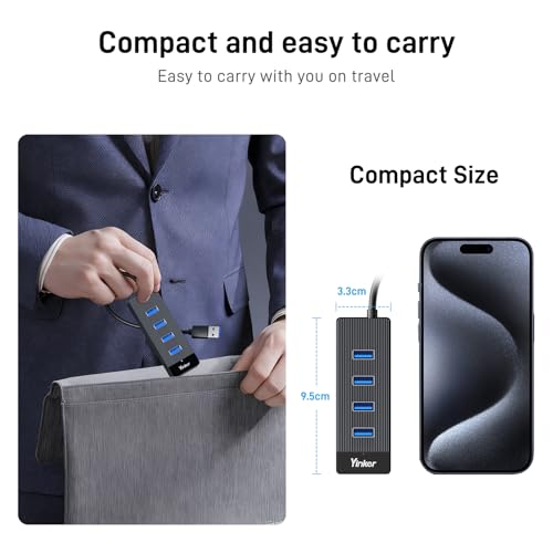 4 Port USB 3.0 Hub 5FT Long Cable, USB Extension Data Cable USB Dock Extender for Desktop PC Laptop, 5Gbps with 5V USB-C Power Supply - size: 5 FT