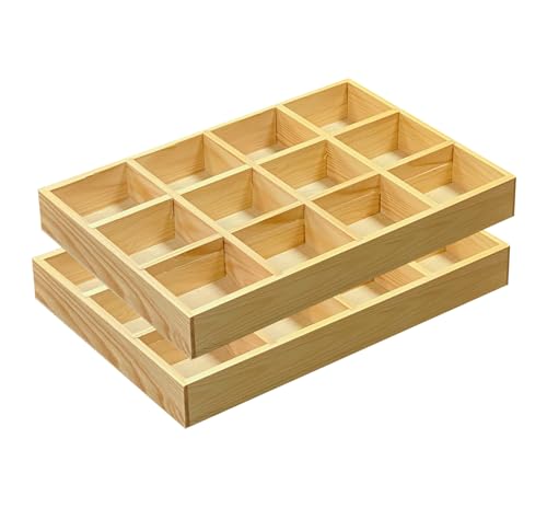 2 Pack Wooden Sorting Tray Grid Display Wood Divided Organizer Vanish Finished Section Box (12 Compartments,12.9 x 9.1 x 1.55 Inch Each Tray)