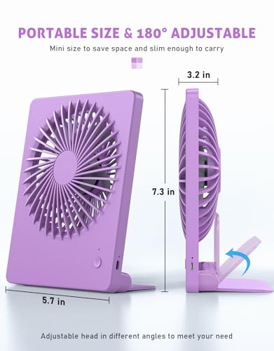 Zuvas Desk Fan Small Rechargeable Battery Table Fans for travel Ultra Quiet | 180° Tilt Folding, LED Dislay, Portable Fan Slim Design, 3 Speed Adjustable, for Office Bedroom Desktop, Cruise Essentials - color: Purple