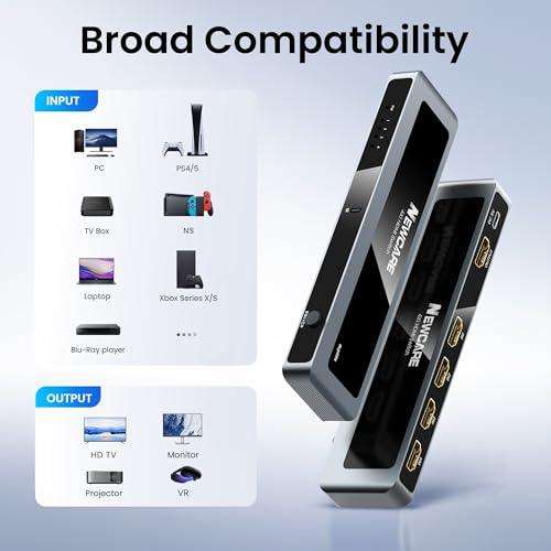 NEWCARE HDMI Switch 4 in 1 Out 4K@60Hz, Aluminum 4-Port HDMI Switcher Splitter with Remote, Supports HDR10 Dolby Vision HDCP 2.2 18Gbps 3D for TV PS5 Xbox Laptop Projector Fire Stick