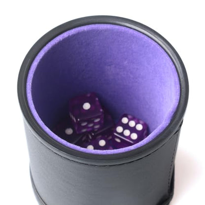 PU Leather Dice Cup Set, Purple Velvet Interior Dice Cup Shaker Quiet with 6 Purple Translucent Dice for Liars Dice/Farkle/Yahtzee Games, 1 Pack - color: Purple B