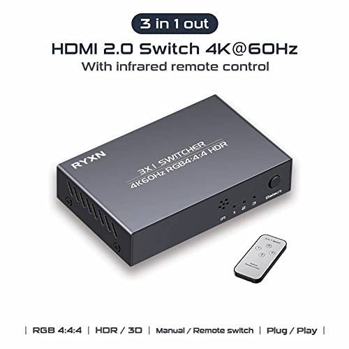 HDMI 2.0 Switch 3 in 1 Out 4K@60Hz, HDMI Switcher Splitter 3x1, Supports GRB4:4:4, HDCP2.2, HDMI2.0, HDR10, for PS5/4 Blu-Ray Fire Stick Roku PC and More
