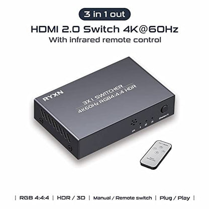 HDMI 2.0 Switch 3 in 1 Out 4K@60Hz, HDMI Switcher Splitter 3x1, Supports GRB4:4:4, HDCP2.2, HDMI2.0, HDR10, for PS5/4 Blu-Ray Fire Stick Roku PC and More