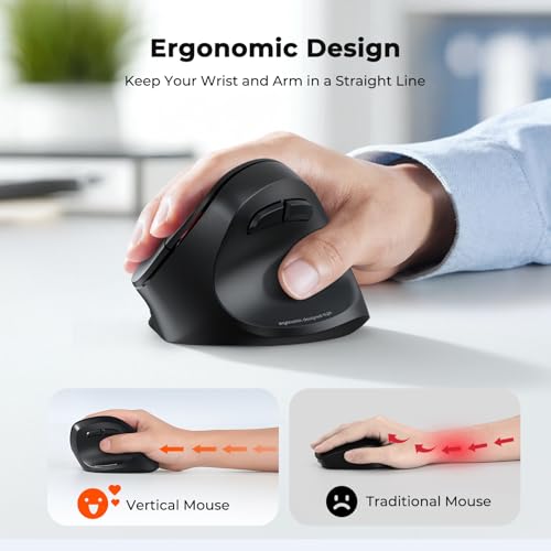 MEETION Ergonomic Mouse, Wireless Bluetooth Vertical Mouse with 3 Multi-Device for Bluetooth(5.3 * 2) & USB-A to USB-C Adapter, 4 DPI 1200-3200 Ergo Mice for Mac/Windows/Laptop/Computer(Large Hands) - color: Jet Black