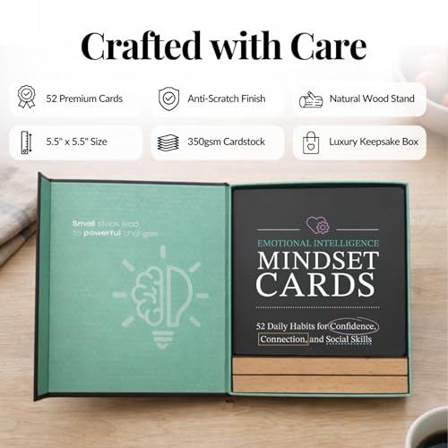 Emotional Intelligence Mindset Cards – 52 Daily Habits for Confidence, Connection & Social Skills – for Kids, Teens & Adults – Includes Wooden Display Stand – Gift for Teachers & Parents - style: Emotional Intelligence
