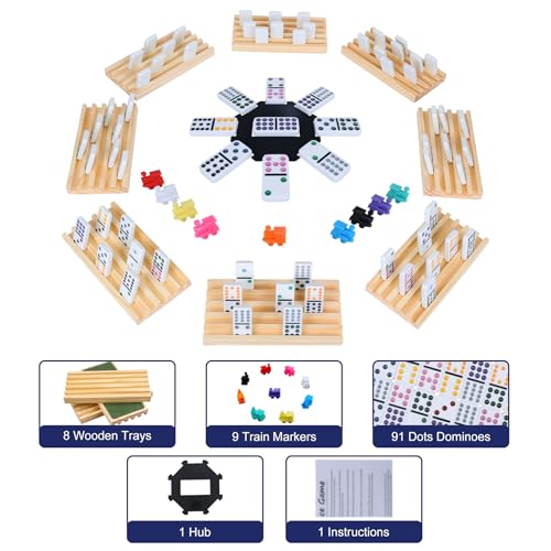 Mexican Train Dominoes Set with 8 Wooden Holders | Double 12 Dominoes with 91 Color-Coded Tiles & Hub | Domino Tile Board Games for 2-8 Players | Family Board Game for Adults & Kids (D12 + 8 Holders) - color: Double 12 Mexican Train Dominoes Set