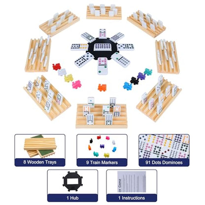 Mexican Train Dominoes Set with 8 Wooden Holders | Double 12 Dominoes with 91 Color-Coded Tiles & Hub | Domino Tile Board Games for 2-8 Players | Family Board Game for Adults & Kids (D12 + 8 Holders) - color: Double 12 Mexican Train Dominoes Set