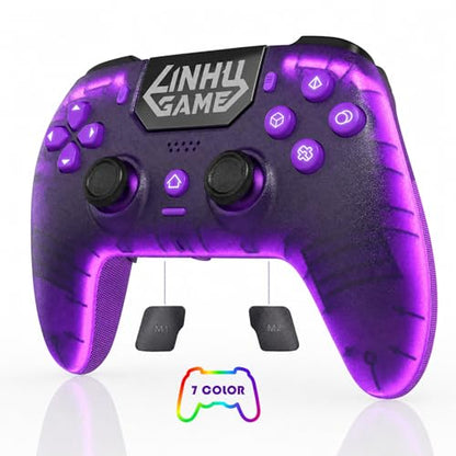 Linhugame Wireless Controller for PS5/Pro/Slim/PC, with Transparent Shell/RGB Tape Light/Hall Effect Joyticks and Trigger/Macro/Turbo/3.5mm Audio Jack/Speaker and Mic/1500 mAh Large Battery Gamepad（purple）
