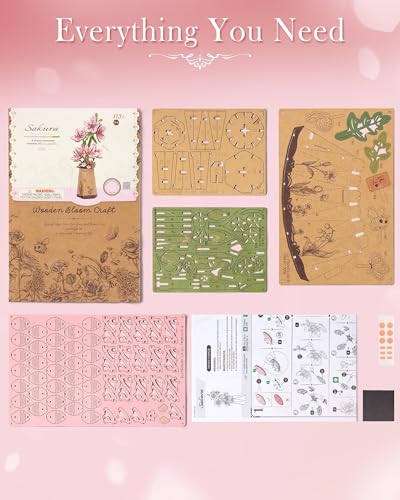 3D Flower Wooden Puzzles for Adults-Sakura, DIY Wooden Flowers Cherry Blossom Building Set Crafts Birthday Gifts, Japan Botanical Collection/Ideal Creative Gift Ideas/Housewarming (113PCS) - style: TW-Sakura