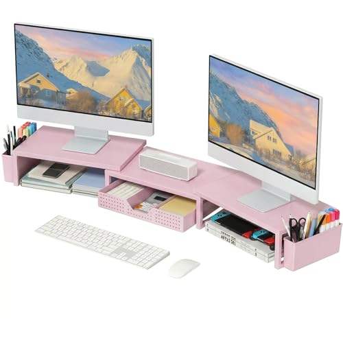 OPNICE Desk Organizers and Accessories, Dual Monitor Stand Riser with Drawer and 2 Pen Holders, Desk Shelf Computer Racks for Office Workspace Organizers, Desktop Organization (Pink) - color: Pink