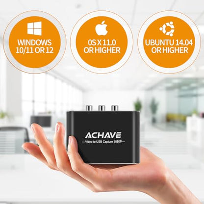 ACHAVE Video to USB Audio Video Capture with HDMI Output,VHS to Digital Converter-Input HDMI, AV, RCA, S-Video, VCR, VHS, Camcorder, Video8, Hi8, DVD, Gaming Systems - USB-C Plug & Play