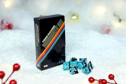 Sharp Edge DND Dice Set – Surge 7 Piece Polyhedral Dice in Retro VHS Box – TTRPG Tabletop RPG Game Accessory - style: Surge