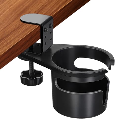 MYITYARD Desk Cup Holder Clamp, Anti-Spill Clip On Table Cup Holder, Rotatable Water Bottle Stand Drink Coffee Mug Storage, Office Accessories for Home and School (Black) - color: Black