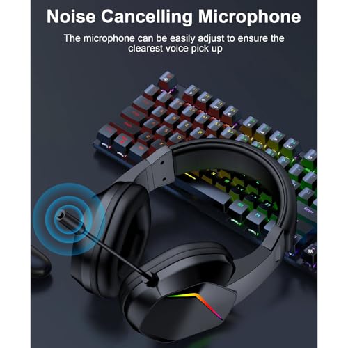 PUSOKEI Wireless Gaming Headset with Noise Canceling Microphone, 2.4G and Bluetooth 5.4 Headphones RGB Lighting for PC Laptop, 40mm Drivers 7.1 Surround Sound Memory Foam Earmuffs (Black)