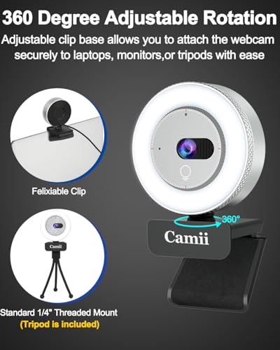 Camii 2K Webcam with Light, HD Webcam for PC with Built-in Privacy Cover, Adjustable Brightness, Noise Reduction Mics, for Zoom Skype Teams Laptop and Google Meet