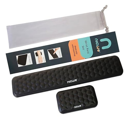 Memory Foam Wrist Rest Set – Ergonomic Keyboard & Mouse Pad Support with Non‑Slip Rubber Base, Hexagonal Design, Waterproof Surface & Travel Bag – Black (2‑Piece Set)
