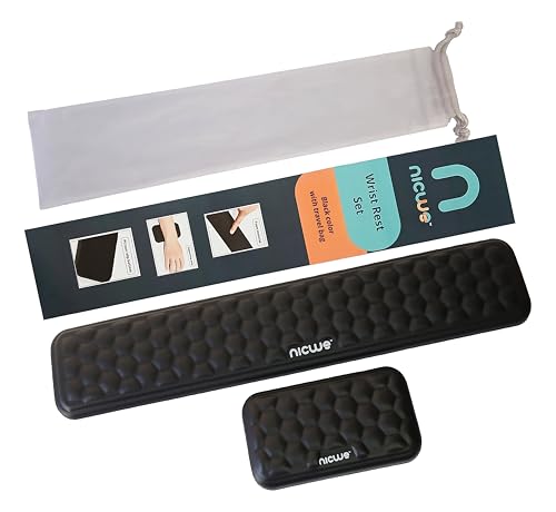 Memory Foam Wrist Rest Set – Ergonomic Keyboard & Mouse Pad Support with Non‑Slip Rubber Base, Hexagonal Design, Waterproof Surface & Travel Bag – Black (2‑Piece Set)