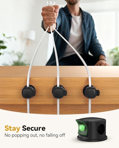 Rotatable Cord Organizer 6Pack, Spring Cable Clips With Clasp Lock, No-Residue Adhesive Cable Organizer, Cord Holder for Nightstand Car Home Office (Black)