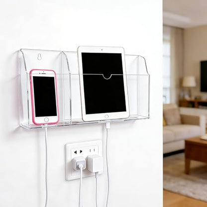 Acrylic Wall Mounted Phone Holder, Tablet Wall Mount with Charging Holes, 2 Slots Wall Remote Control Holder for iPad Kindle Laptop, Clear