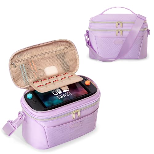 PGmoon Dual-Layer Carrying Case Compatible with Nintendo Switch 2 on Trips | Multi-Storage for 10 Game Cards, Dock, Controllers, Charger Accessories, Lightweight & Compact Design for Women - color: Purple