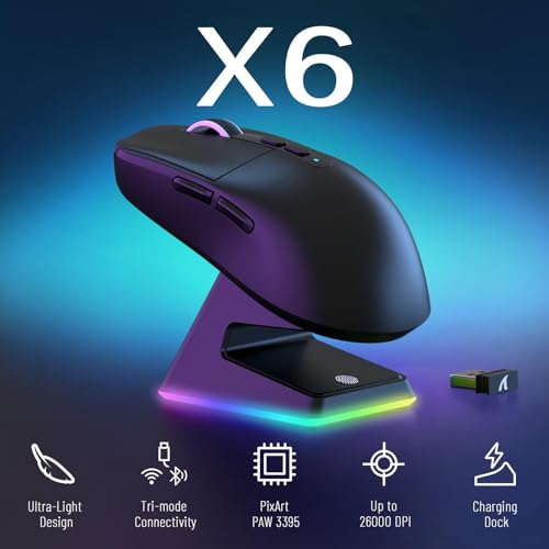 MAMBASNAKE Attack Shark X6 Wireless Gaming Mouse,RGB Magnetic Charging Dock,49g Ultralight X3 Upgrade,Tri-Mode 2.4GHz/BT5.2/USB-C,PAW3395 Sensor 26KDPI,G502 Programmable Mice for Win/Mac - Black - color: Black