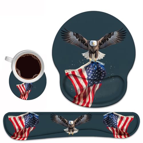 Keyboard Wrist Rest and Mouse Pad Wrist Rest Support Set with Coasters, Non-Slip PU Base for Gaming and Office, Comfortable & Lightweight for Easy Typing & Pain Relief, American Flag Patriotic Eagle - color: American Flag and Patriotic Eagle