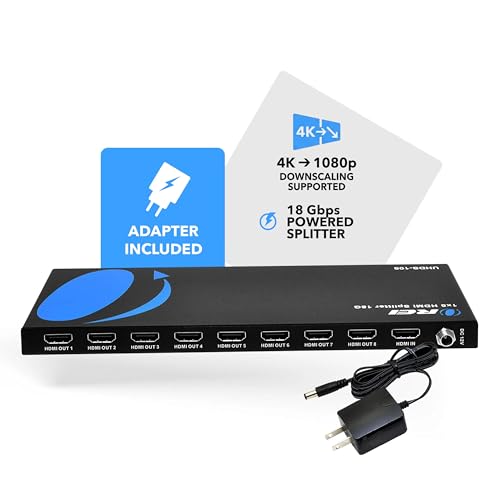 OREI 4K 1 in 8 Out HDMI Splitter 4:4:4 8-bit - HDMI 2.0, HDCP 2.2, 18 Gbps, 4K @ 60Hz HDMI Duplicator/Distributor UltaHD High Resolution (UHDS-108) (1x8) | OREI 1x8 2.0 HDMI Splitter 1 in 8 Out Ports With Full UltraHD 4K@60Hz, HDCP 2.2, 3D Support, EDID C