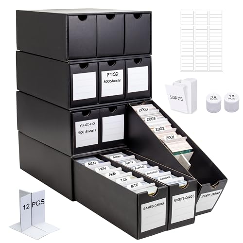 12 Drawer Trading Card Standard Storage Box with 50 Card Dividers (Black) | Cardboard Trading Card Organizer for Collectible Cards Games,Card Box Fits For TCG,MTG,TCG