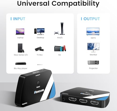 NEWCARE 8K HDMI 2.1 Switch 3 in 1 Out, HDMI Splitter 4K@120Hz Support 8K@60Hz HDCP2.3 HDR10+ VRR ALLM Dolby, HDMI Switcher Compatible with TV PS5/4 Xbox Laptops PC Projector