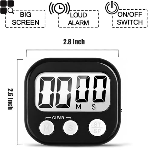 2 Pack Digital Kitchen Timer for Cooking Big Digits Loud Alarm Magnetic Backing Stand Cooking Timers for Baking Black - color: Black