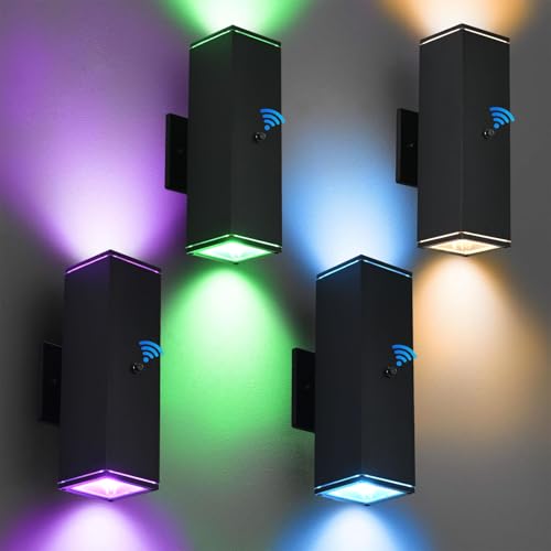 Outdoor Wall Lights 4 Pack, RGBCW Exterior Lighting Sconce,2700K-6500K Dimmable Smart Porch Lights Outdoor for House Patio Garage, Compatible with Alexa/Google Assistant, Bulb Included - color: Black-Square 1, size: 4 Pack