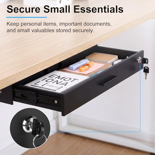 Menkxi 24'' x 9'' Under Desk Drawer Slide Out Storage Organizer, Lockable Metal Desk Drawer for Laptop and Office Accessories, Large Hidden Under Table Storage Box with Cable Management, Black - size: 24'' x 9''