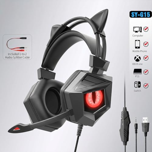 Wired Gaming Headset for PS4 PC One PS5 Controller, Noise Cancelling Over Ear Headphones with Mic, LED Light, 7.1 Surround Sound, Soft Memory Earmuffs, Red