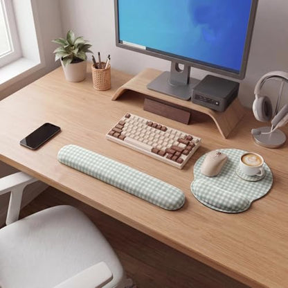 Tellegloww Wrist Rest Support for Mouse Pad&Keyboard Set, Green Gingham Checkered Circle Curved Ergonomic Mousepad&Coaster Non-Slip Base, Design for Office, Home, Laptop, Desktop Computer Keyboard - color: Green