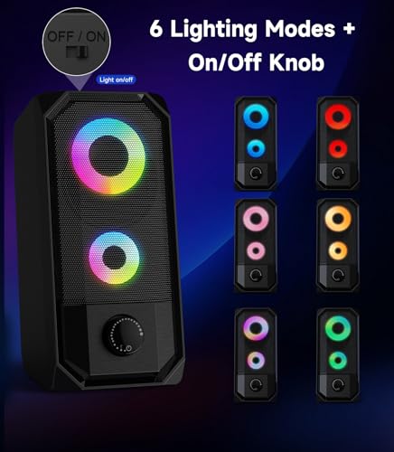 Computer Speakers for Desktop, Hi-Res Stereo Pair with Dual 5W Full-Range Drivers, 6 RGB Light Modes, USB Powered & 3.5mm AUX Input, Volume Knob, Mini Vertical Design for PC Gaming Monitor Laptop