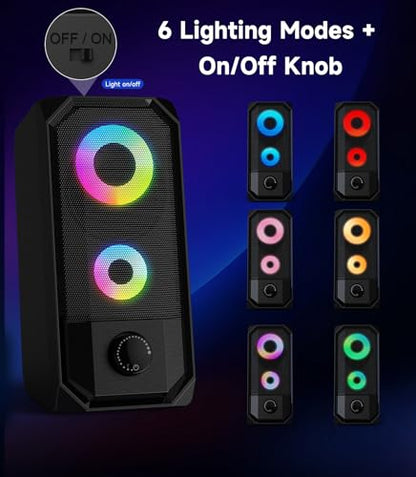 Computer Speakers for Desktop, Hi-Res Stereo Pair with Dual 5W Full-Range Drivers, 6 RGB Light Modes, USB Powered & 3.5mm AUX Input, Volume Knob, Mini Vertical Design for PC Gaming Monitor Laptop