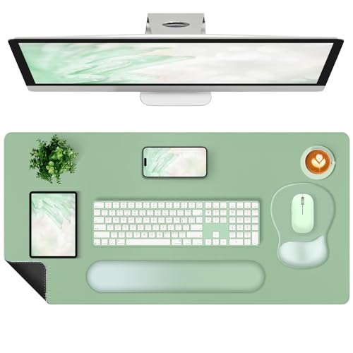 4-in-1 Large Gaming Mouse Pad, Keyboard Wrist Rest Pad & Wrist Support Mousepad Set, Extended Desk Pad Waterproof Desk Mat Protector for Home Office Decor Study Game 35.4×15.7 Inches I Sage Green - color: Sage Green