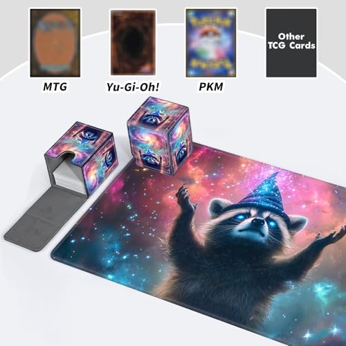 BVDIKMI Card Deck Box for Trading Cards, Card Storage Box Fits 100+ Single Sleeved Cards, PU Leather Strong Magnet Card Deck Case Holder for Magic Commander TCG CCG, Magical Raccoon - color: Magical Raccoon