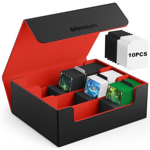 Mlikero Trading Card Storage Box, Bulk Card Storage for 1800+ Sleeved Cards, PU Leather Magnetic Closure Card Organizer with 10 Dividers & 3 Foam Stoppers, Fit for MTG, TCG and Sports Cards (Red) - color: A2-Red, size: A-3 Row