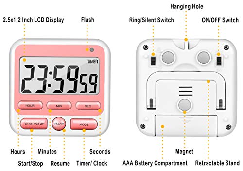 4-in-1 Digital Timer with Count Up/Down, Clock & Alarm, Ring & Silent Modes | Large 2.8-Inch easy-read LCD, On/Off switch, 24-Hour count up/down, Fast-forward function, Magnetic back, stand, hanging hole - color: Pink