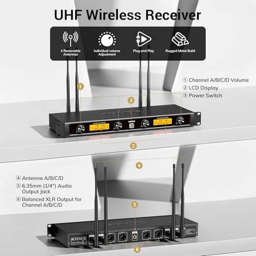 TONOR Wireless Microphones System, 4x10 Channel UHF Wireless Mic, 4 Handheld Adjustable Frequency Metal Cordless Dynamic Mic, Multiset Operation, 90 m Ideal for Karaoke Singing Wedding Church, Silver - style: 4 Mics