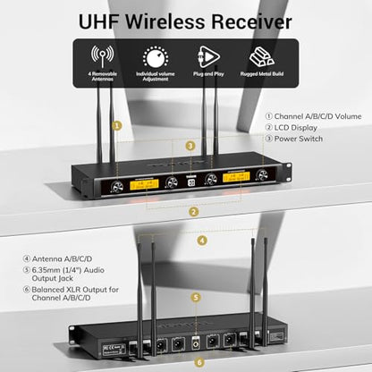 TONOR Wireless Microphones System, 4x10 Channel UHF Wireless Mic, 4 Handheld Adjustable Frequency Metal Cordless Dynamic Mic, Multiset Operation, 90 m Ideal for Karaoke Singing Wedding Church, Silver - style: 4 Mics