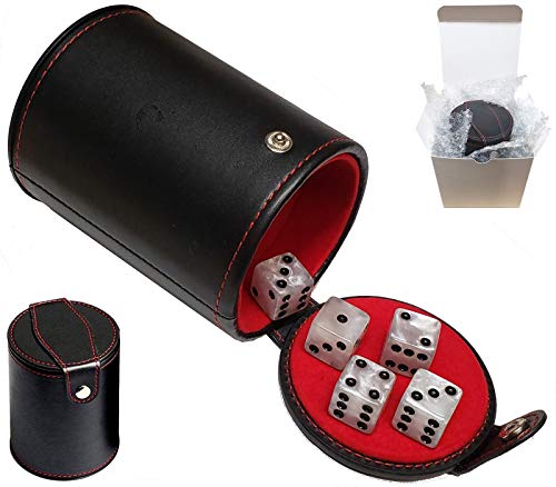 Cyber-Deals Set of 16mm Marbleized Dice and Black PU Leather, Velvet Lined Dice Cup with Storage Compartment (Gift Boxed) (Pearl Dice, Red Lining Cup) - color: Pearl Dice, Red Lining Cup