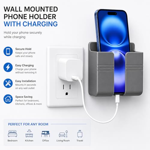 Wall Phone Holder, Adhesive Phone Wall Mount with Cable Hole, Bathroom Bedside Kitchen RV Phone Holder Compatible with iPhone, Android Phones and Remote Controls (Gray) - color: Gray
