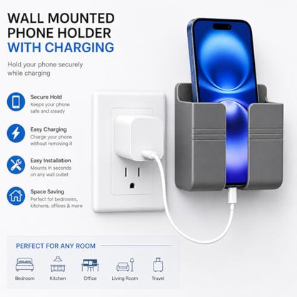 Wall Phone Holder, Adhesive Phone Wall Mount with Cable Hole, Bathroom Bedside Kitchen RV Phone Holder Compatible with iPhone, Android Phones and Remote Controls (Gray) - color: Gray